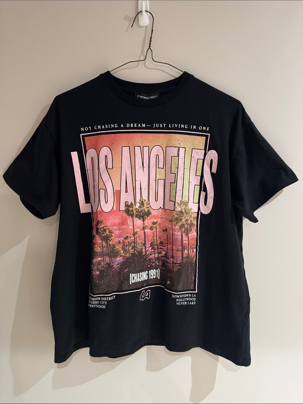 NWOT Streetwear Society Oversized Black/Pink Tee with Sunset LA Print Size S
